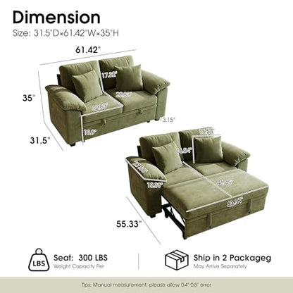 61” Pull Out Couch, 2 in 1 Sleeper Sofa Bed with Throw Pillow, Convertible Small Loveseat Sleeper Couch for Living Room, Bedroom, Apartment (Green) - color: Green, size: 2 Seat Sleeper