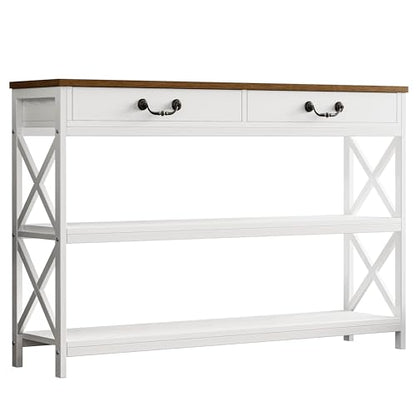 IRONCK 47.2" Farmhouse Console Table, Sofa Table with 2 Drawer, White | Narrow Long Entry Table with 2 Shelf for Entryway, Living Room, Hallway - size: 47.2inch
