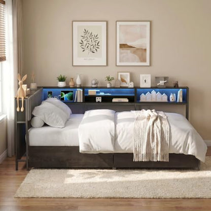 VOWNER Full Corner Bed Frame with Storage and RGB LED Lights, Grey | Upholstered Full Bed Frame with 2 Drawers and Charging Station for Kids Teens, Metal Platform Daybed for Bedroom & Guest Room