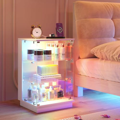 HNEBC LED Nightstand with USB-C Charging Station&Lights for Bedroom-White | Curio china Cabinet, Motion Sensor Smart Glass RGB Side Table with App Control, Charging Station Tempered Glass Collectiblem - color: 91174-white