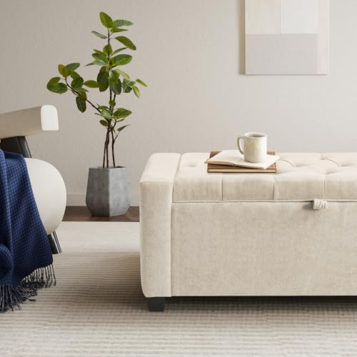 SUNWAVE Storage Ottoman Bench, Linen Fabric Ottoman with Storage | Button Tufted, Safety Hinge Lid, Large Ottoman for Bedroom, Living Room & Entryway