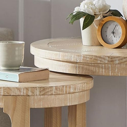 24" Round Nesting Coffee Table Set of 2, Solid Wood Coffee Tables Mid Century Rustic Farmhouse Side End Tea Table for Living Room, Apartment (Oak) - color: 24" Oak