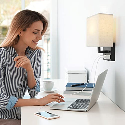YBING Bedside Wall Lamp Set of 2, Modern Wall Sconces with Plug in Cord Nightstand Wall Lamps with Dual USB and AC Outlet Black Wall Lamps for Bedroom Living Room (2 Bulbs Included)