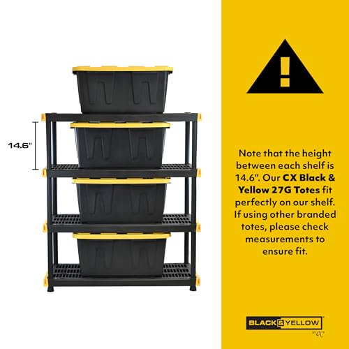 CX Heavy Duty 27-Gallon Stackable Plastic Storage Bins with Lids, 4 Pack | Storage totes for garage organization, Stackable containers, weather-resistant, snap lid, 14.3H x 20.6W x 30.6D, Black/Yellow - size: 27 Gallon