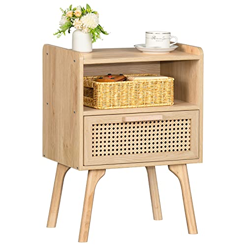 Lerliuo Rattan Nightstand, Boho Side Table with Drawer Open Shelf | Cane Accent Bedside End Table with Solid Wood Legs for Bedroom, Dorm and Small Spaces (Natural) - color: Natural, size: 1 pack