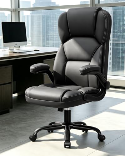 Leather Office Chair with Flip Up Arms, 360° Swivel Ergonomic Desk Chair with Wheels, Adjustable Height Computer Chair with Padded Seat for Home Office, Study,Gaming Room, Black - color: Black