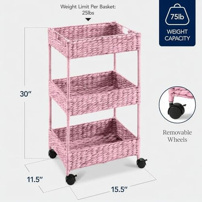Best Choice Products 3-Tier Water Hyacinth Rolling Nursery Caddy w/Wheels, Utility Cart, Storage Organization for Bathroom, Craft Room, Laundry Room - Pink - color: Pink