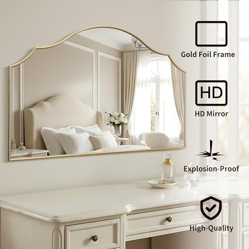 Besdomus Gold Scalloped Wall Mirror: 54"x34" Oversized Wooden Arched Mirror | Modern Minimalist Decorative Mirror for Fireplace/Bathroom/Bedroom/Entryway/Living Room/Dining Room/Vanity/Dresser/Over Sink - color: Gold Leaf, size: 34"L x 54"W
