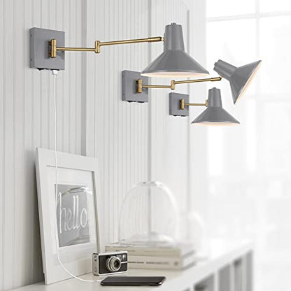 JONATHAN Y Hygge 1-Light Modern Swing Arm USB Sconce 8", Grey/Brass Gold | Metal Construction, Plug-In Midcentury Bedside Wall Lamp, Cone Shade, Adjustable Head, LED Bulb Included - color: Grey/Brass Gold