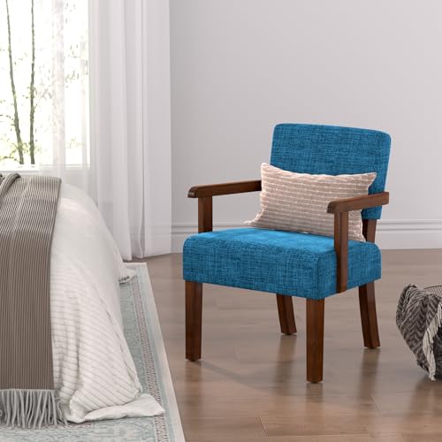 Accent Chair, Armchair with Solid Wood Frame and Legs, Blue | Upholstered Reading Leisure Chair for Bedroom,Office,Waiting Room - color: Linen Blue, size: One Chair