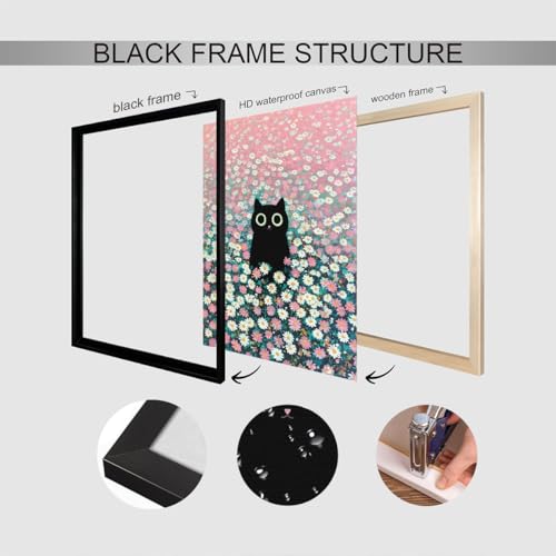 Black Cat Canvas Wall Art, Cute Cat In Daisies Meadow Aesthetic Poster, Adorable Animal Picture, Pink White Flowers Print Painting for Bedroom, Nursery Wall Decor Pet Lover Gift 8x10in Framed - color: Cat 03, size: 10"L x 8"W, style: Framed