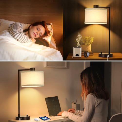 Luvkczc Table Lamp Set of 2, Dimmable Bedside Lamp for Night Stand, USB A+C | Nightstand Lamp with Linen Lampshade, 2 LED Bulbs Included, Desk Lamp for Bedroom, Living Room, End Table, Reading , Office - color: Red Brown