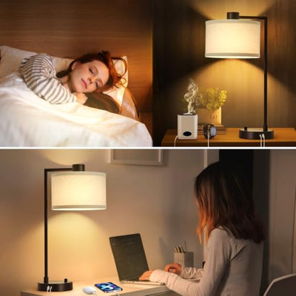 Luvkczc Table Lamp Set of 2, Dimmable Bedside Lamp for Night Stand, USB A+C | Nightstand Lamp with Linen Lampshade, 2 LED Bulbs Included, Desk Lamp for Bedroom, Living Room, End Table, Reading , Office - color: Red Brown