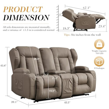 Loveseat Recliner Sofa,RV Wall Hugger Recliners with Console,Reclining Loveseat Sofa Recliner with Cup Holders/Lumbar Pillows for Small Spaces,RV Furniture (Khaki,66" 2-Seater) - color: Khaki, size: 66" 2-Seater