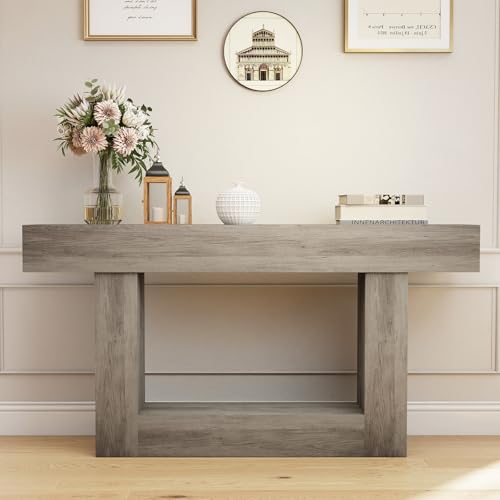 Spaco 63'' Long Console Table,2 Tier Farmhouse Entryway Table Sofa Table with Storage,Wood Behind Couch Table for Living Room, Hallway,Foyer - color: Grey (63'')