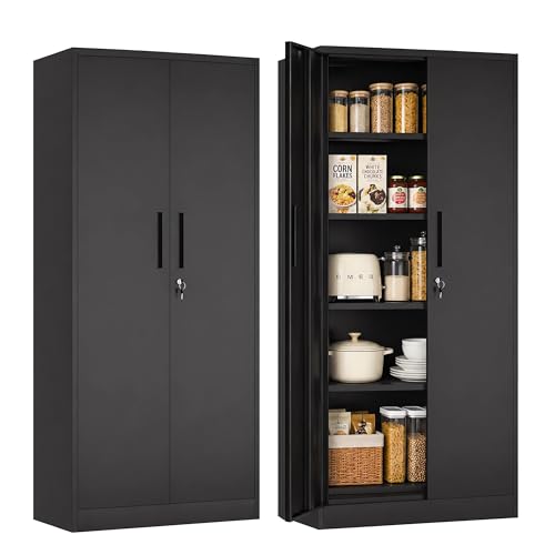 AQY Kitchen Pantry Cabinet,73" Black Pantry Storage Cabinet with 4 Tier Adjustable Shelves and 2 Doors,Freestanding Cupboard,Metal Pantry Cabinets with Handle for Living Room Kitchen Assembly Required - color: Black, style: H73" - 2 Door