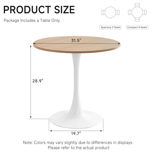 31.5" Small Round Dining Table for 2, [Sturdy Metal Tulip Base] Modern Circle Kitchen Table, for Dining Room Apartment Office Space Saving - color: Natural With White Base, size: 31.5"
