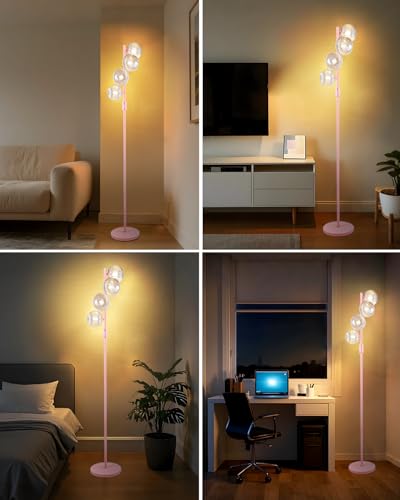 Lightdot 64IN Dimmable Floor Lamp with Globe Clear Glass Shade, Modern Pink Standing Lamps with 4PCS 3000K Bulbs Included,LED Floor Lamp with 5Lbs Heavy Base for Living Room Bedroom//Sofa Beside - color: 4 Clear Globe-Pink
