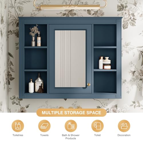 Wall Mounted Medicine Cabinet, Bathroom Storage Cabinet with Mirror Door and 6 Adjustable Open Shelf (7.3" D x 35" W x 27.5" H) (Indigo Blue) - color: Indigo Blue