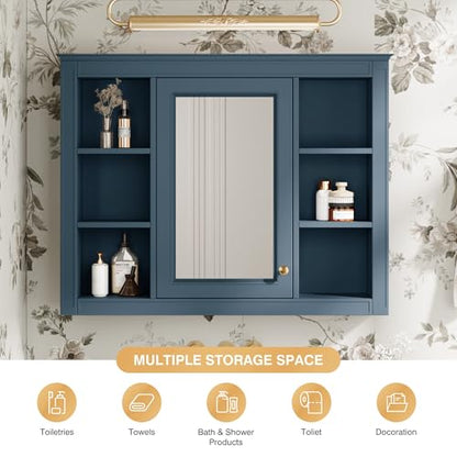 Wall Mounted Medicine Cabinet, Bathroom Storage Cabinet with Mirror Door and 6 Adjustable Open Shelf (7.3" D x 35" W x 27.5" H) (Indigo Blue) - color: Indigo Blue
