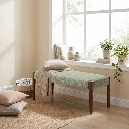 Usaint 42" End of Bed Bench with Wood Legs, Green with Walnut Leg | Modern Upholstered Bedroom Bench with Rubberwood Legs, Entryway Bench with Cushion, Dining Bench for Living Room, Bedroom - color: Green With Walnut Leg