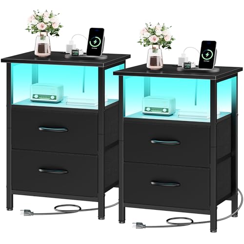 Nightstands Set of 2, Bedside Tables with Charging Station & LED Lights, Black Night Stands with 2 Fabric Drawers, End Table with Storage Shelf, 24.2" Tall Bed Side Table Set of 2 for bedroom - color: Black, size: 2 Pieces, style: With LEDs