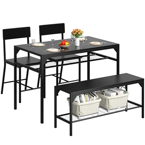 Shintenchi Kitchen Table Chairs Set of 4 with Bench and Chairs, Black | Dining Table Set for 4, 4 Pieces Kitchen Table Set, Storage Rack & Metal Frame, for Small Space, Upgrated Leg Support - color: Black