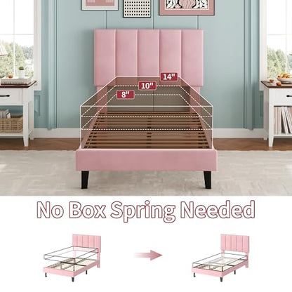 Garvee Twin Size Bed Frame with Upholstered Headboard for Kids, Pink | Fully Velvet Upholstered Mattress Foundation with Height Adjustable Headboard, No Box Spring Needed, Easy Assembly - color: Pink, size: Twin