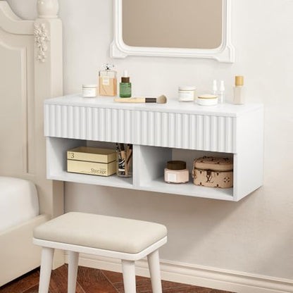 Floating Nightstand Set of 2, Modern Wall Mounted Bedside Tables with Fluted Drawer, Night Stand Small End Table with Open Storage Shelf for Bedroom, Living Room, Small Spaces, White