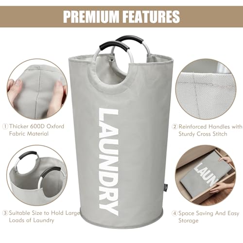 DOKEHOM 90L Large Laundry Basket Bag, Collapsible Tall Hamper, Grey | Freestanding tall washing bin & foldable laundry bag. High-capacity clothes storage basket with durable sturdy handles - color: Light Grey, size: 90L