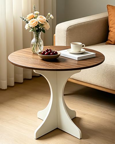 24in Modern Round Side Table Accent End Table Coffee Table with Walnut Wood Grain Tabletop & White Curved Base for Living Room Bedroom Sofa Corner, Pedestal Nightstand for Indoor/Outdoor - color: 24in-amber+white