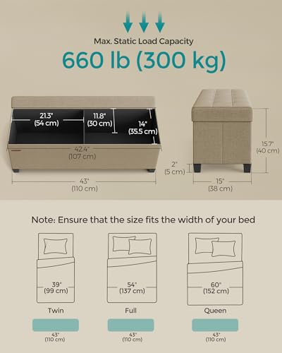 SONGMICS Storage Ottoman Bench, Foldable Foot Rest with Legs | End of Bed Bench, Storage Chest, 43.3 x 15 x 15.8 Inches, Load up to 661.4 lb, Tan, MELISA Collection ULSF018K01 - color: Camel Brown, style: without Flipping Lid