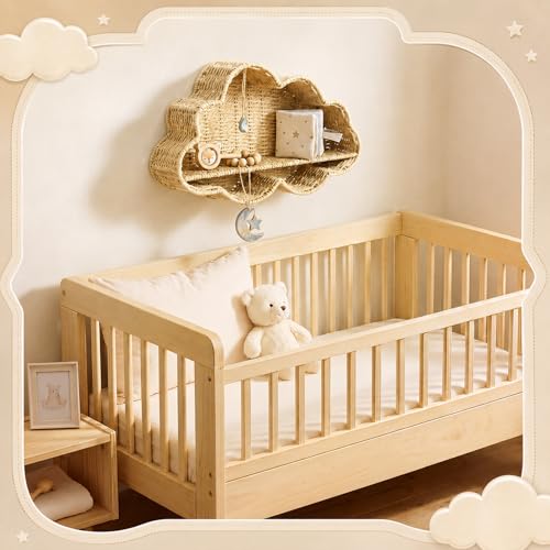 Cloud Nursery Wall Shelf Decor Boho Rattan Wicker Floating Shelves Handwoven Natural Rattan Hanging Organizer Storage Basket for Small Books Toys Nursery Bathroom Living Room Bedroom Corner - style: Cloud