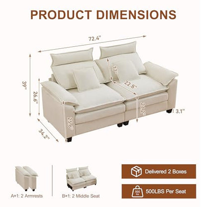 72'' Cloud Deep Seat Loveseat, Modular 2 Seater Sectional Couch with Detachable Headrest, Modern Love Seat Sofas for Living Room, Apartment, Beige - color: Beige, size: Loveseat