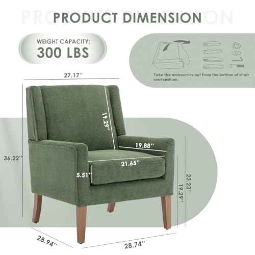 COLAMY Modern Wingback Living Room Chair, Upholstered Fabric Accent Armchair, Single Sofa Chair with Lounge Seat and Wood Legs for Bedroom/Office/Reading Spaces, Green - color: Green, size: Set of 1