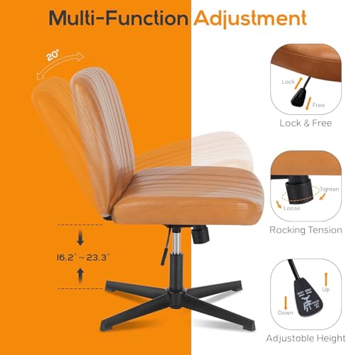 DUMOS Criss Cross Chair No Wheel Legged Office Wide Comfy Desk Vanity Chair, Armless Computer Task Seating PU Leather, Swivel Home Height Adjustable for Bedroom, Study, Brown No Wheel - color: Brown No Wheel