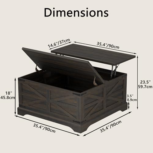 35.5''W Square Coffee Table Farmhouse Lift top Coffee Table with Large Hidden Storage, Wood Center Table for Living Room, Home Office, Dark Brown - color: Brown, size: 35.5''W