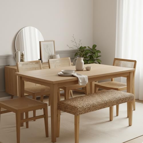 Solid Wood Acacia Indoor Bench, 47 Inch Water Hyacinth Seat, Fishbone Style | Natural Woven Seat, Living Room or Entryway, Bedroom End of Bed or Dining - color: Fishbone - Natural Leg & Water Hyacinth