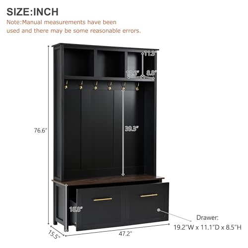 JIVOIT 4-in-1 Entryway Hall Tree with Brown Wood Grain Storage Bench, Wood Entryway Coat Hanger Hall Tree with 6 Golden Hooks, 2 Drawers, Coat Rack for Living Room, Hallway (Black/31) - color: Black/31