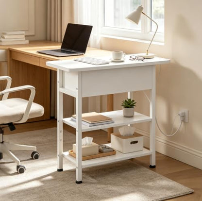 WLIVE 3-Tier End Table with Charging Station Flip Top Narrow Nightstand | 2 USB Ports+2 AC Outlets; Flip Top Hidden Storage; 2 Open Shelves; Small Space Living Room Bedroom; Sturdy Carbon Steel Frame - color: White