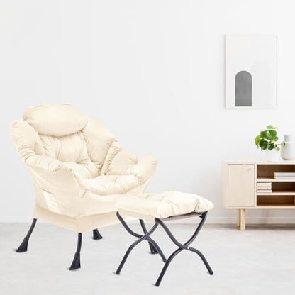 Youtanic Lazy Chair with Folding Ottoman, Accent Chair Velvet Upholstered with Metal Structure and Non-Slip Pads, Sofa Armchair with Footrest and Side Storage Bag for Dorm, Room, Office, Beige - color: Beige