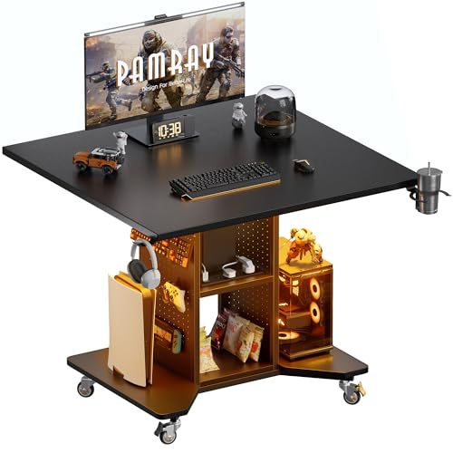 Pamray Small Gaming Desk Rolling Computer Table Balck | Movable, with Led Lights Power Outlets, with Storage Pegboard and Hook, Sturdy, Suitable for Study Gaming Bedroom Dorm - color: Black