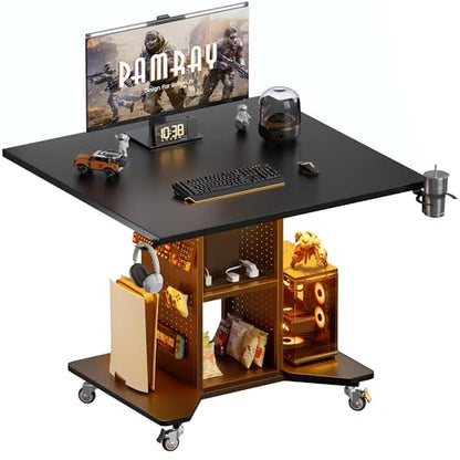 Pamray Small Gaming Desk Rolling Computer Table Balck | Movable, with Led Lights Power Outlets, with Storage Pegboard and Hook, Sturdy, Suitable for Study Gaming Bedroom Dorm - color: Black