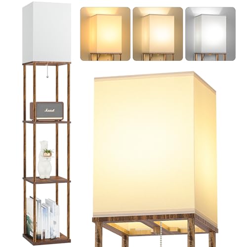 Floor Lamp with Shelves, 3-Tier Square Bookshelf Standing Lamp Rustic Brown | 3 Color Temperature Bulb Included, Modern Pull Chain Tall Lamp for Living Room Bedroom Corner Office Apartment Decor - color: Rustic Brown
