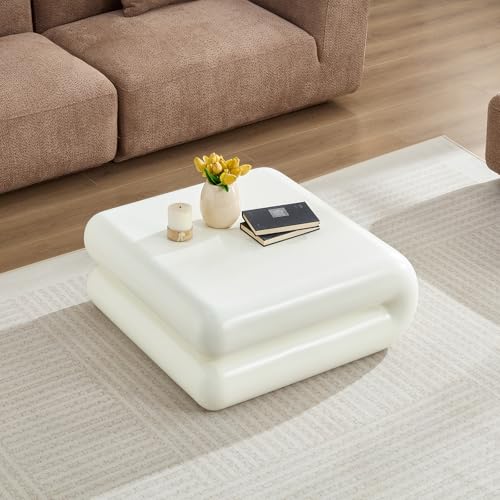 White Squishy Coffee Table, Fiberglass Modern Accent Table for Living Room, Stylish Ottoman-Like Center Furniture with Durable Build, No Assembly Required (31.5'' Beige) - color: 31.5'' Beige