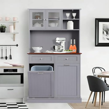 68.4" Kitchen Pantry Storage Cabinet, Freestanding Cupboard with Shelf, 2 Drawers and 2 Tilt Out Trash Cabinet, Tall Cabinets for Kitchen, Dinning Room, Living Room (Elegant Grey, Double Tilt) - color: Elegant Grey
