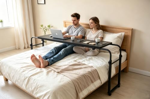 Overbed Bedside Table with Wheels Portable Rolling Laptop Desk Cart Computer Table Over The Bed Table Adjustable Height and Length with Tilt Stand Board for Bed Hospital Home and Office (Black-M) - color: Black-m