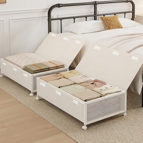 Fokyfok 2Pack Under Bed Storage Containers,10 inch Height,31 inch Long | Under Bed Shoe Storage,Underbed Storage with Wheels,Large Rolling under bed Clothes Storage Drawers,Lid,Dorm Tall,Ivory - color: Ivory, size: 2PC (31"Lx17"Wx10"H)