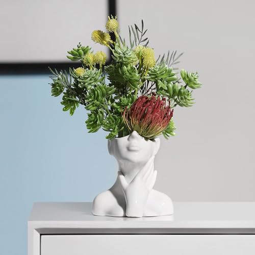 XSMXLNKWL Ceramic Face Vase White Flower Vase for Decor, Female Face Vase Art, Modern Decorative Vase Centerpiece for Table, Shelf, Living Room, Office, Bedroom, Small - style: Face Vase - Stroking the Neck