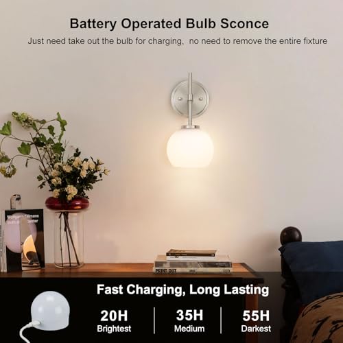 Brushed Nickel Battery Operated Wall Sconce Set of 2, Wireless Rechargeable Sconces Wall Lighting with Remote Control, LED Wall Lights with Opal White Glass Shade, 12 Colors RGB & 3 CCT Bulb - color: Brushed Nickel & Opal Glass, size: Battery 12 Inch